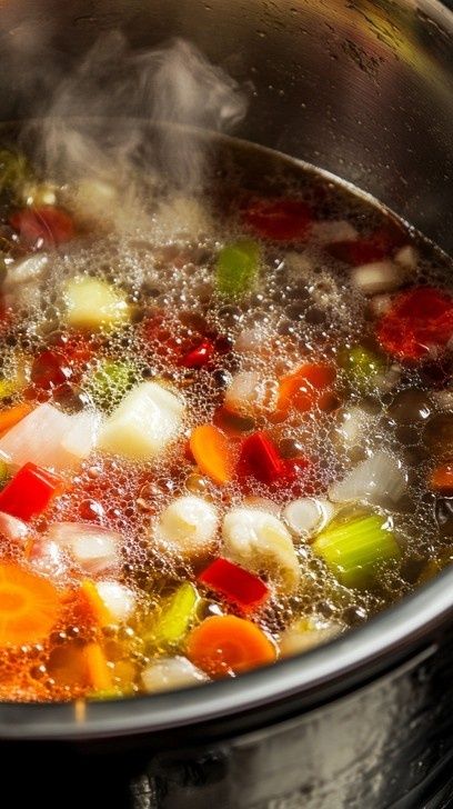 En gryta med sjudande buljong och färgglada grönsaksbitar